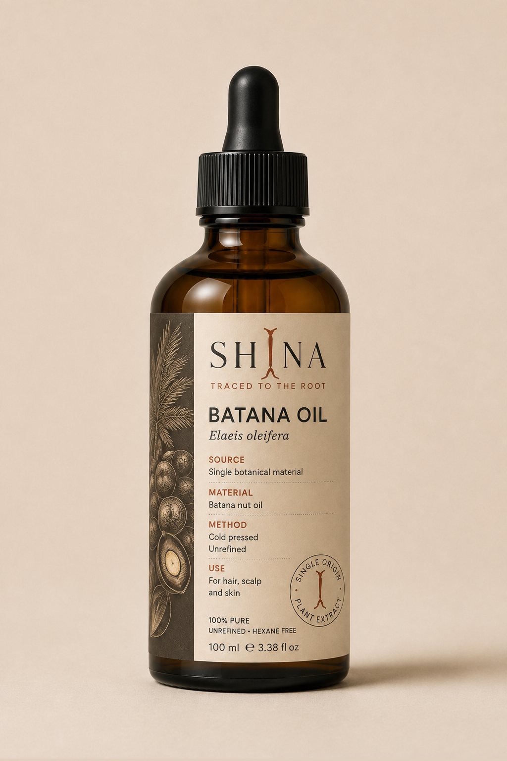 SHINA Batana Oil, amber glass dropper bottle with sand-coloured label
